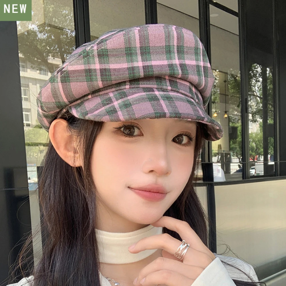 HT4425 Women Berets Vintage Flat Top Army Captain Cap Retro Plaid Artist Painter Beret Hat Ladies Spring Autumn Caps for Women