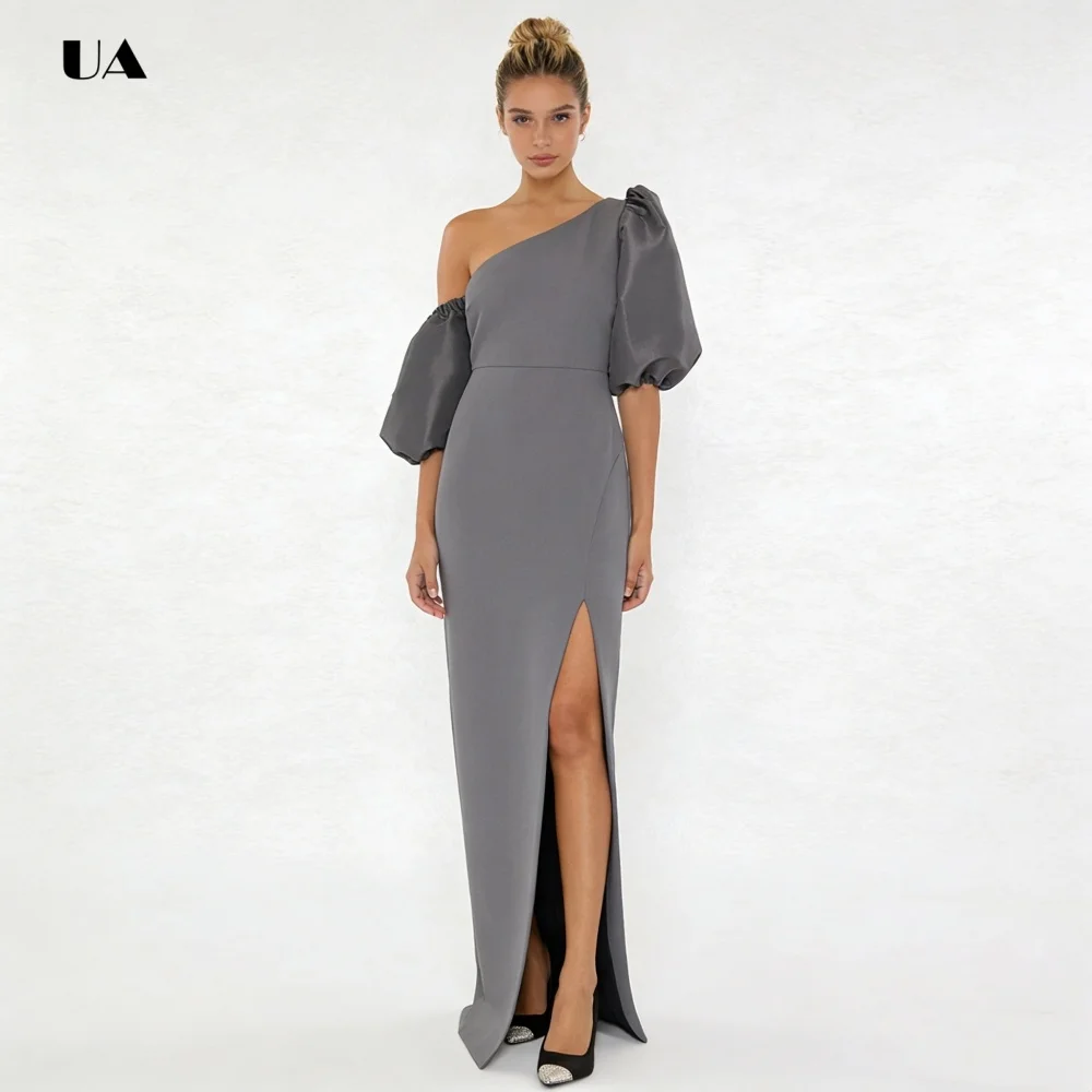 ULBYANRN Ballkleid mit asymmetrischem Ausschnitt, solides Abendkleid mit hohem Schlitz und Satin-Ballonärmeln, einfaches, maßgeschneidertes Partykleid