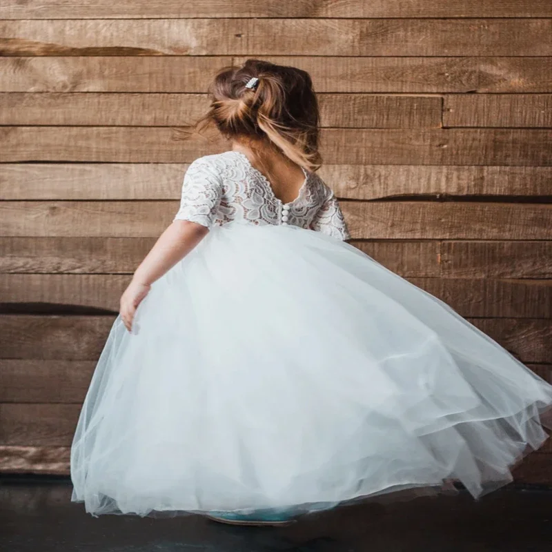 White Tulle Puffy Flower Girl Dresses  Appliques Half Sleeve For Wedding Birthday Party Banquet First Communion Gowns