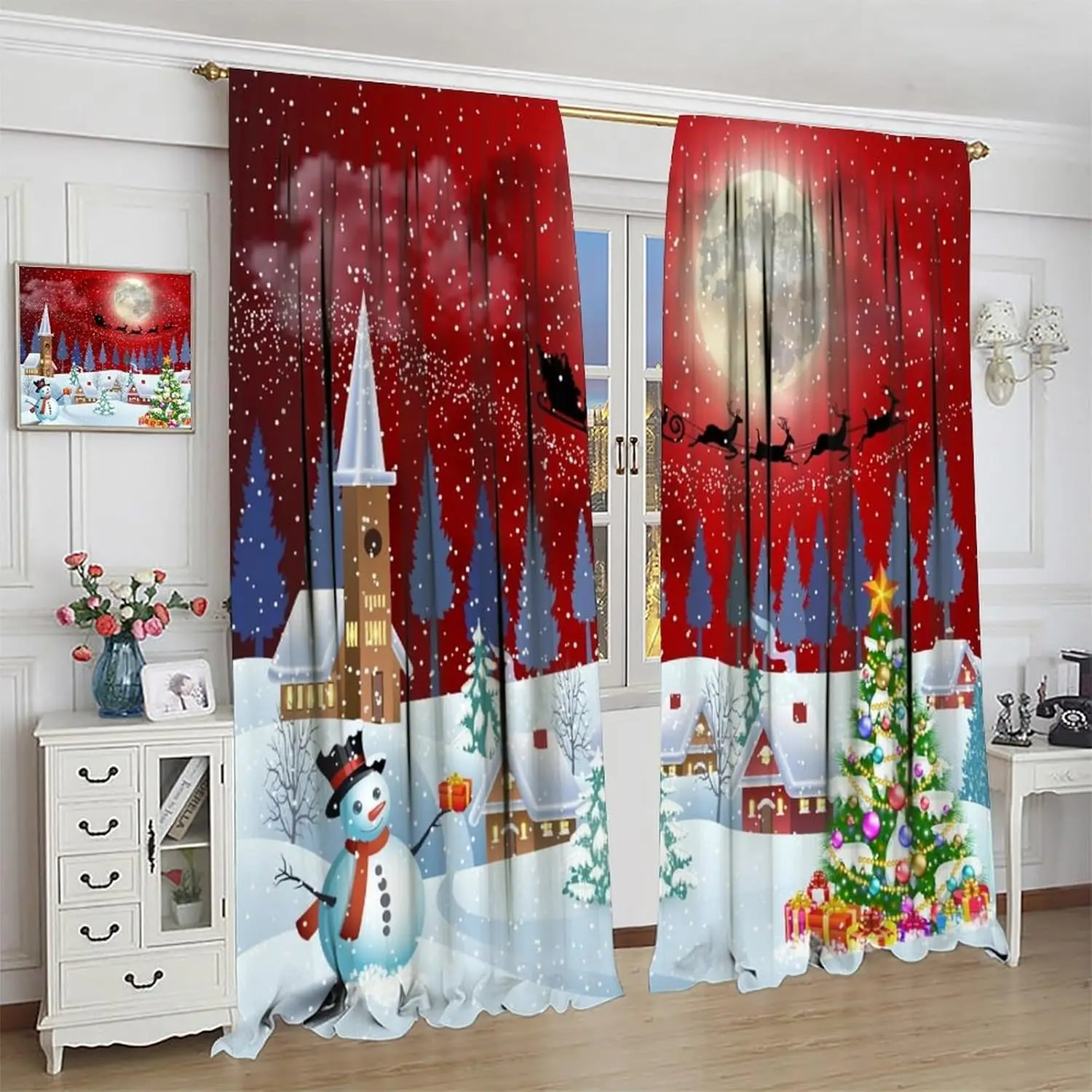Winter Christmas Curtains, Christmas Tree Snowman Moon Santa Claus Sleigh Window Treatments, Rod Pocket Thermal Insulated Drapes
