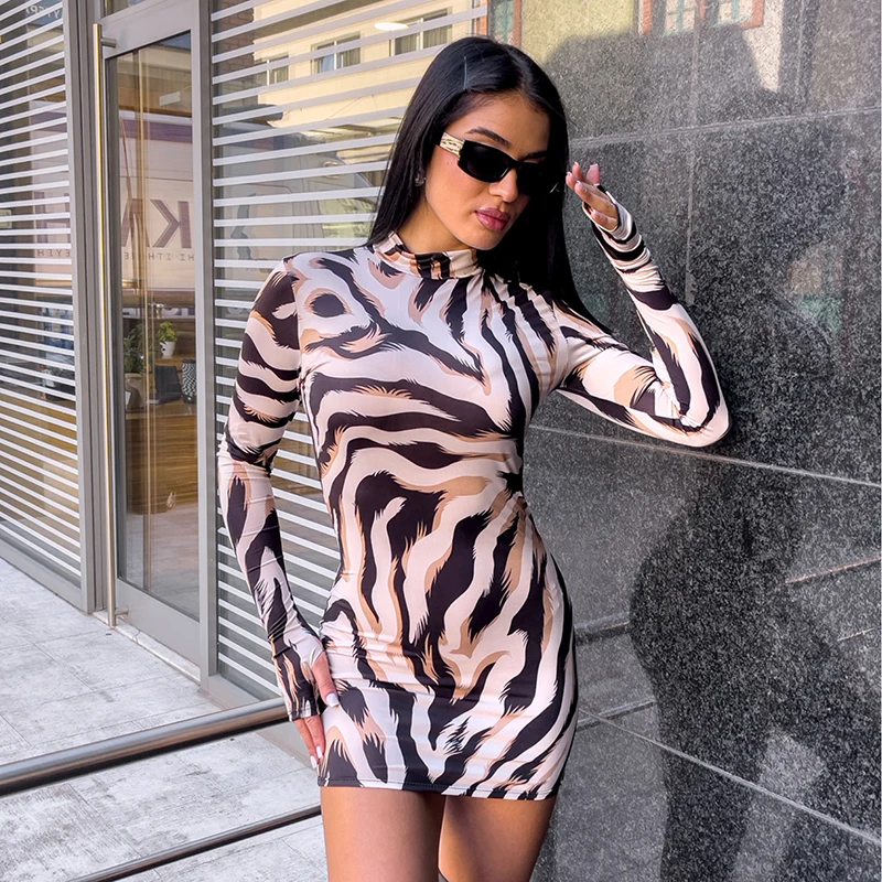 CUTENOVA Zebra Print Slim Fit Long Sleeve Mini Dress With Finger Glooves Half Collar Pullover Wrap Skinny Women Dress Streetwear