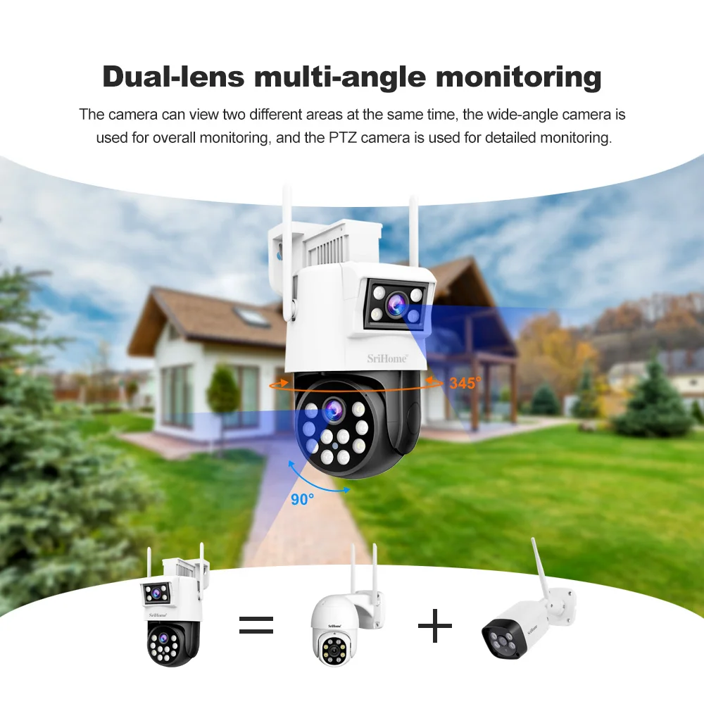 Srihome 4mp hd wifi dual objektiv ip kamera im freien ptz cam ai auto tracking sicherheit video überwachung cctv cam kameras