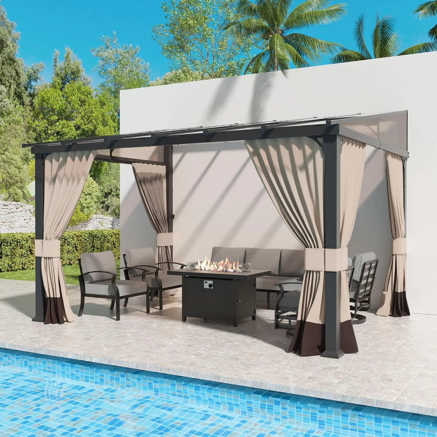 ^10'x12' Hardtop Lean to Gazebo Sand | Outdoor Wall-mounted Pergola with Sloping Roof and Aluminum Frame, Large Heavy Duty