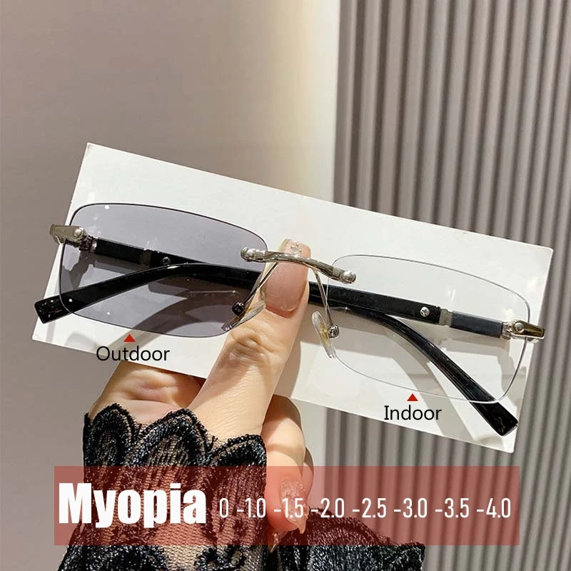 Business Style Photochromic Myopia Glasses for Men Women Square Rimless Anti-UV Nearsighted Eyewear Retro Eyeglasses 0 To -4.0