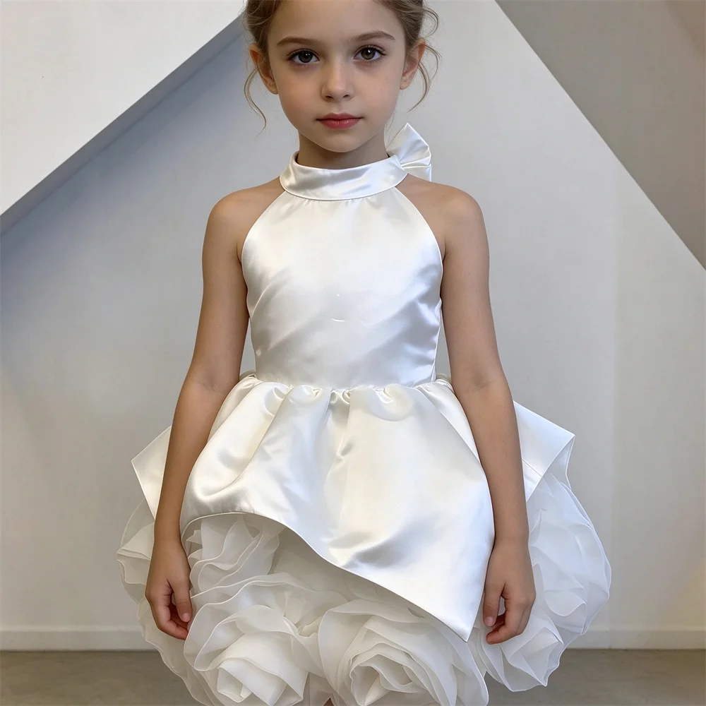 Baby Kids Princess Halter Flowers Satin Flower Girl Dress Children First Communion Dress Ball Gown Wedding Party Dress Birthday