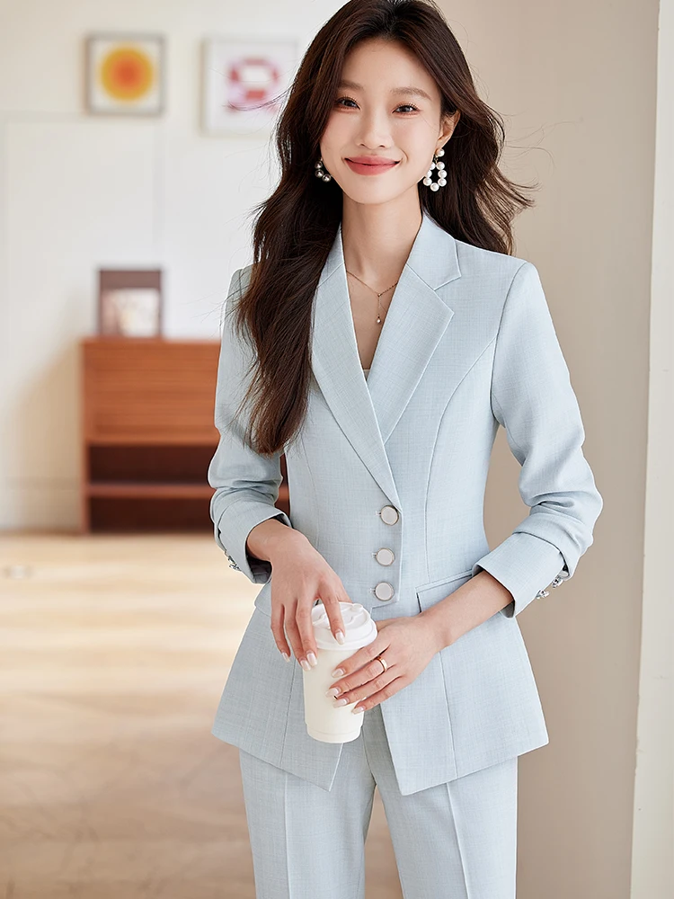 بدلة بنطلون نسائية وردي أزرق مشمش مكتب السيدات العمل 2 قطعة مجموعة السترة