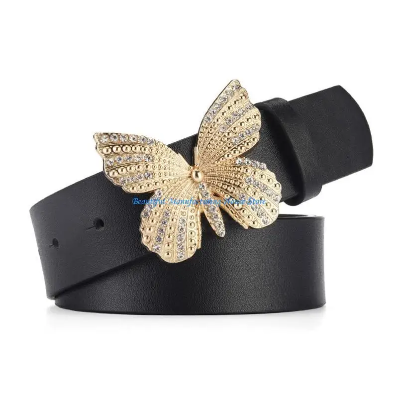 

E56A Punk Waist Belt for Women PU Leather Belt with Shiny for Rhinestone for Butterfly Buckle Daily Wear Jeans Pants Body