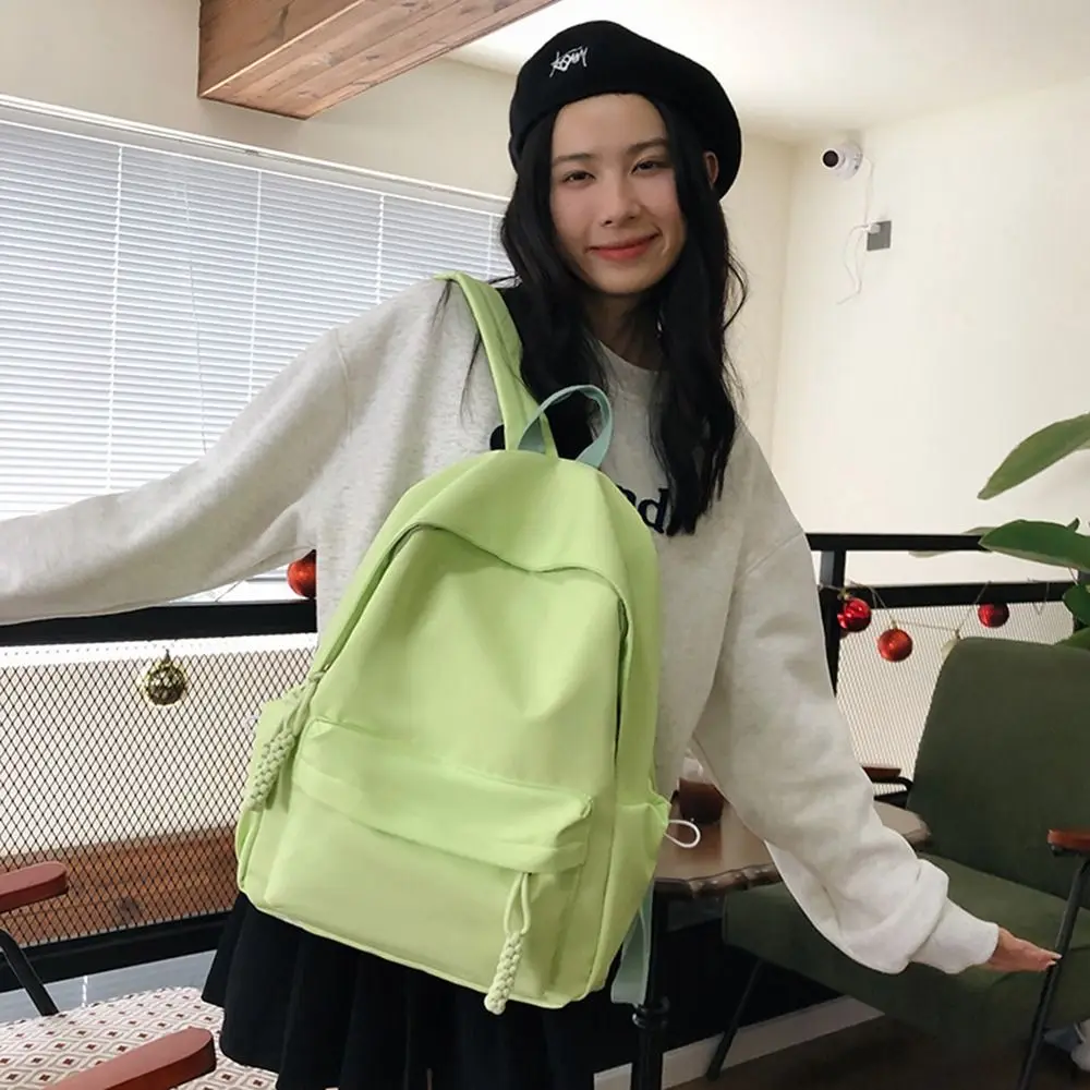 Portable Nylon School Shoulder Bag Solid Color Large Capacity Schoolbag Adjustable Backpack for Students