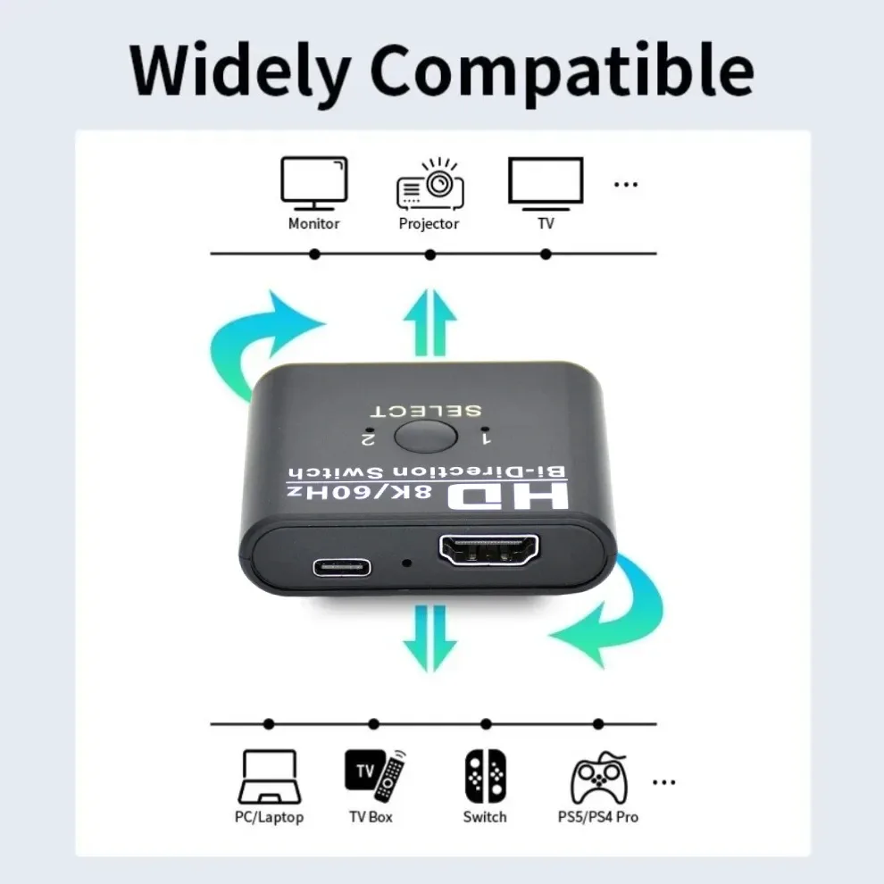 8K 60Hz HDMI Switch Splitter Bi-Directional 1x2/2x1 HDMI-compatible 4K 120Hz Switcher Selector for TV Box Projector PS3/4 Xbox