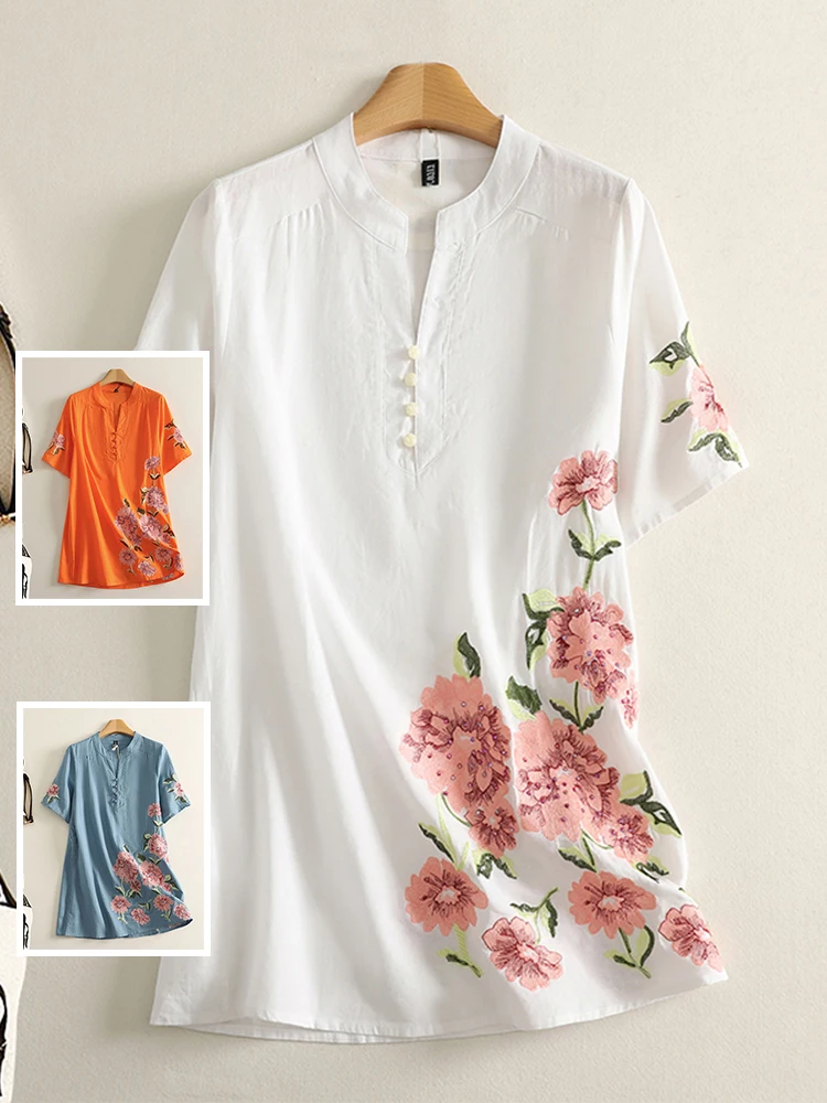 

Retro Ethnic Embroidered Cotton Linen Dr Large Size Women's Faion V-ne ort Sve Midi Dr Summer Casual Wear