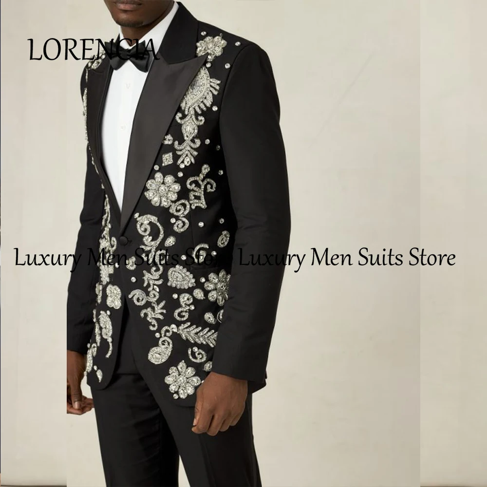 Loose Crystal Suits for Men 2 Pieces Peak Label Sparkly Wedding Groom Tuxedos Customized Blazer Pants ternos masculino completo