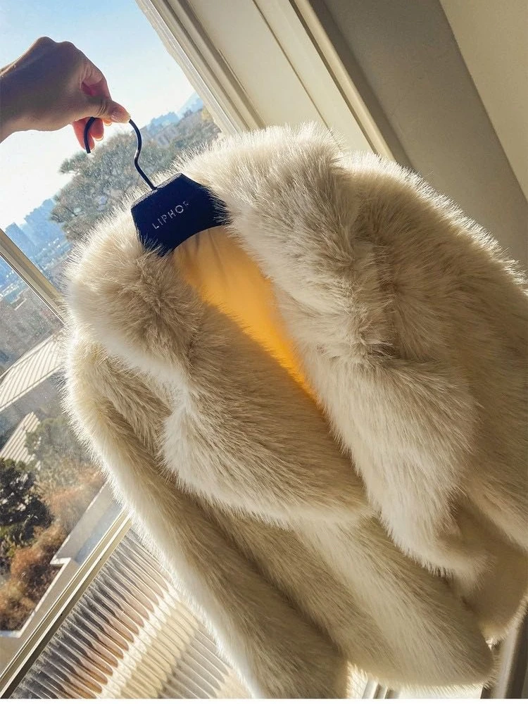 Trendy Loose Women's Fur Coat  Fur Jaet Eco-friendly Ele Street Sle Warmth Long Sve Mid-Length Korean Sle