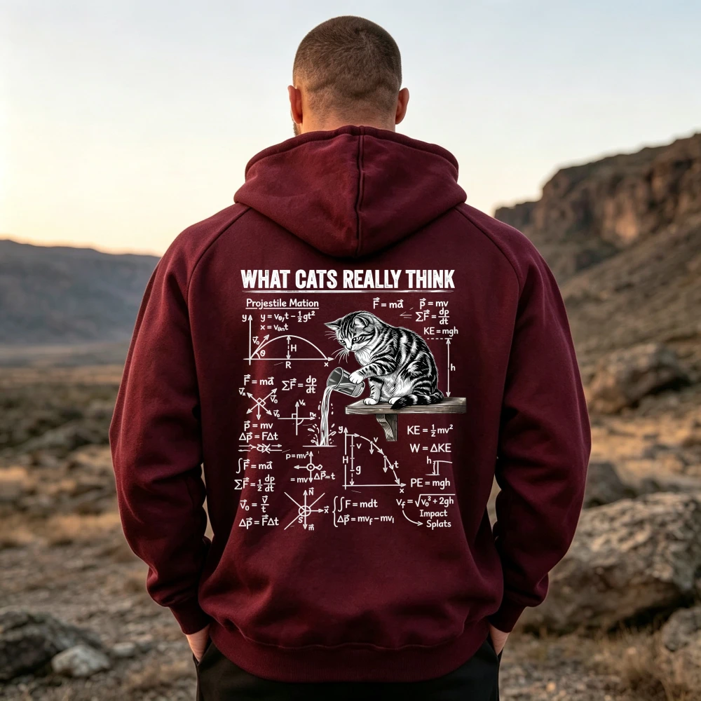 What Cats Really Think Hoodie Funny Cat Physics Science Nerd Graphic Sweatshirt Black Casual Pullover Winter Jumpers Men's Tops