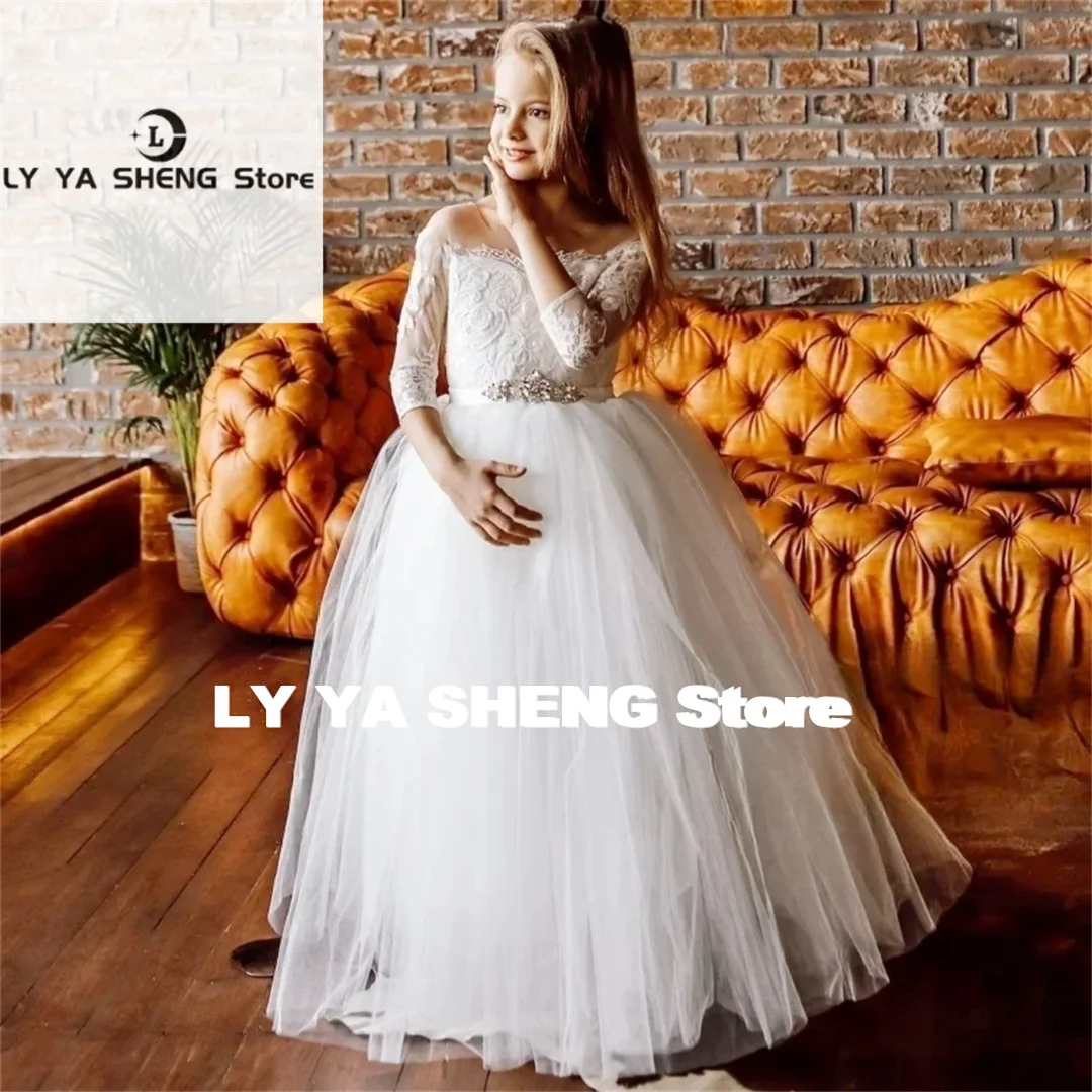 White Flower Girl Dress Beautiful Tulle Lace Appliques Pearl Long Sleeves Fit Wedding Birthday Princess Pageant Gown