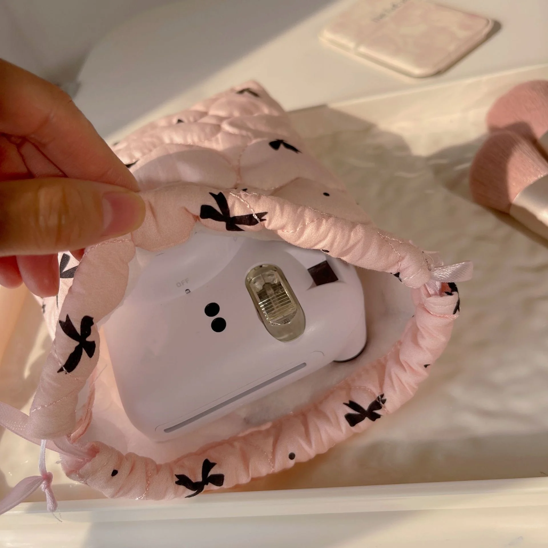 حقيبة مكياج برباط على شكل فيونكة وردية، حقيبة تخزين قائمة للكاميرا CCD، حقيبة يد ناعمة مضادة للسقوط، حقيبة أدوات الزينة المحمولة للسفر #6