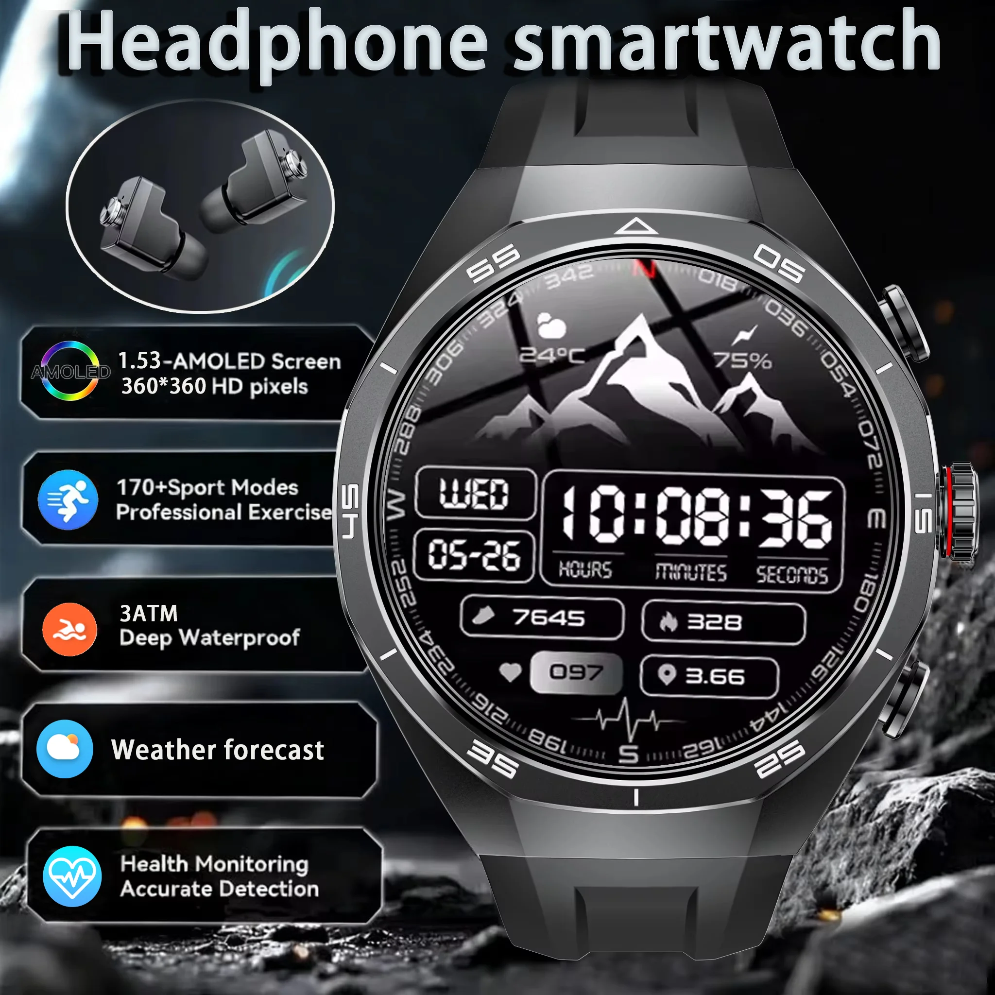 

NFC Headset Smart Watch 2 in 1 TWS Wireless Headphone Local Music Call Men SmartWatch Health Monitoring Waterproof Sports Watch