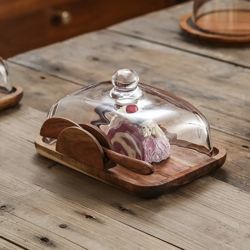 Bandeja de madera maciza para pastel con cubierta de vidrio, postre, pastel de fruta, caja de mantequilla Rectangular, bandeja de exhibición para mesa de postre con vajilla de cubierta