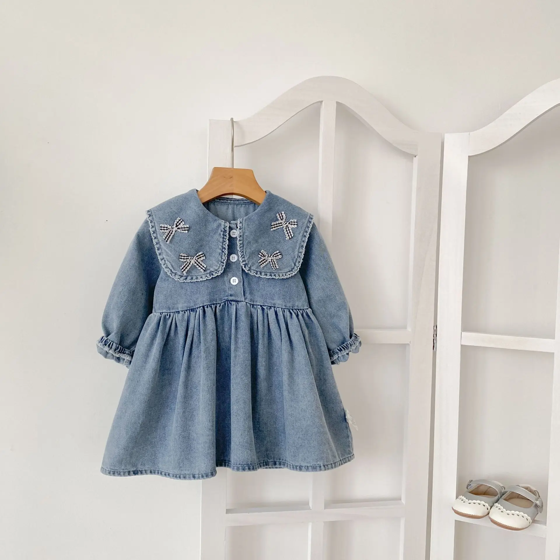 Spring and Autumn new dress, student leader, denim baby girl, long sleeved skirt, denim skirt