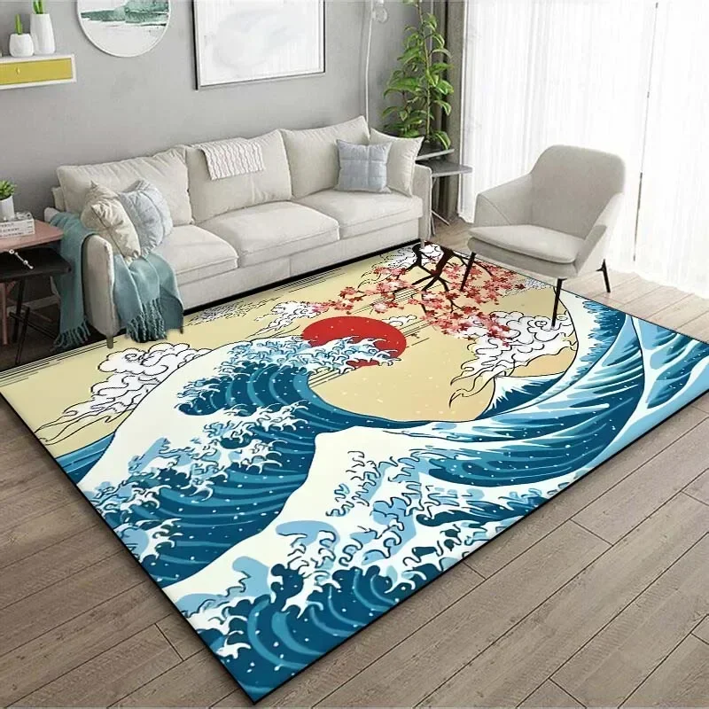 1PC Japanese Art Kanagawa Waves Carpet for Living Room Home Decor Large Area Rug Bedroom Floor Rug Non-slip Easy Washable Mat