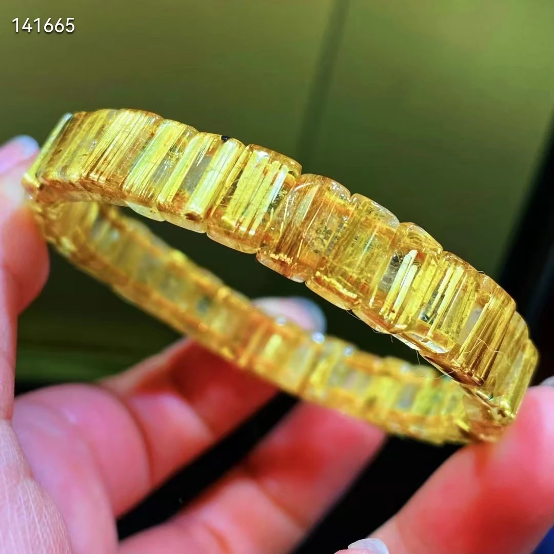 Genuine Natural Gold Rutilated Quartz Flower Bracelet Bangle 8.5x6mm Woman Men Brazil Clear Rectangle Beads Wealthy Stone AAAAAA