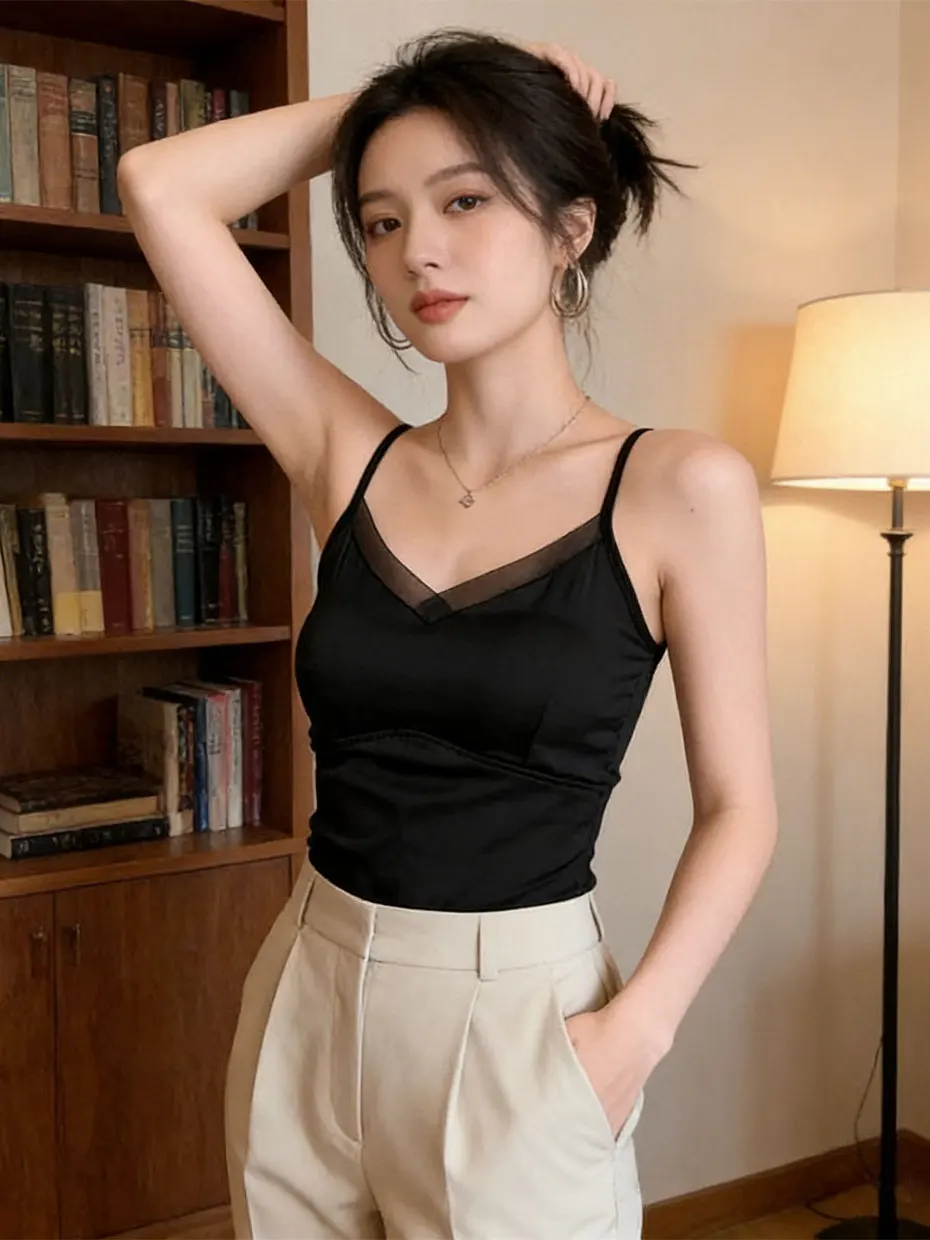 Colete Feminino com Alças, Top Moderno, Roupa Externa em Tecido de Acetato, Ajuste Slim, Decote em V, Bojo Embutido, Casual de Negócios, Uso Versátil