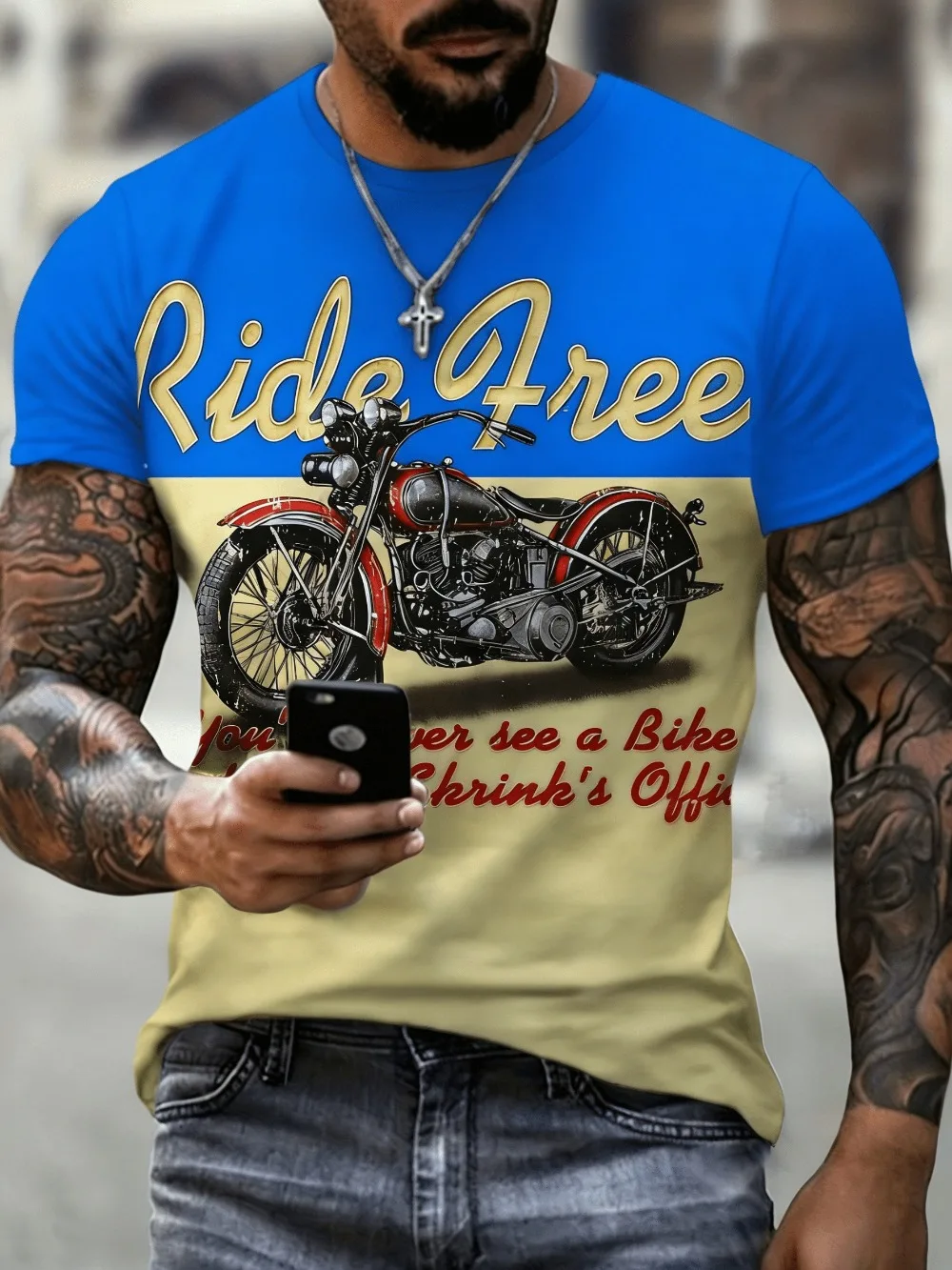 Sommerliches, großformatiges Herren-T-Shirt mit 3D-Druck und Motorradfahrer-Muster, schnell trocknend und atmungsaktiv, geeignet für den täglichen Gebrauch – Detail 3