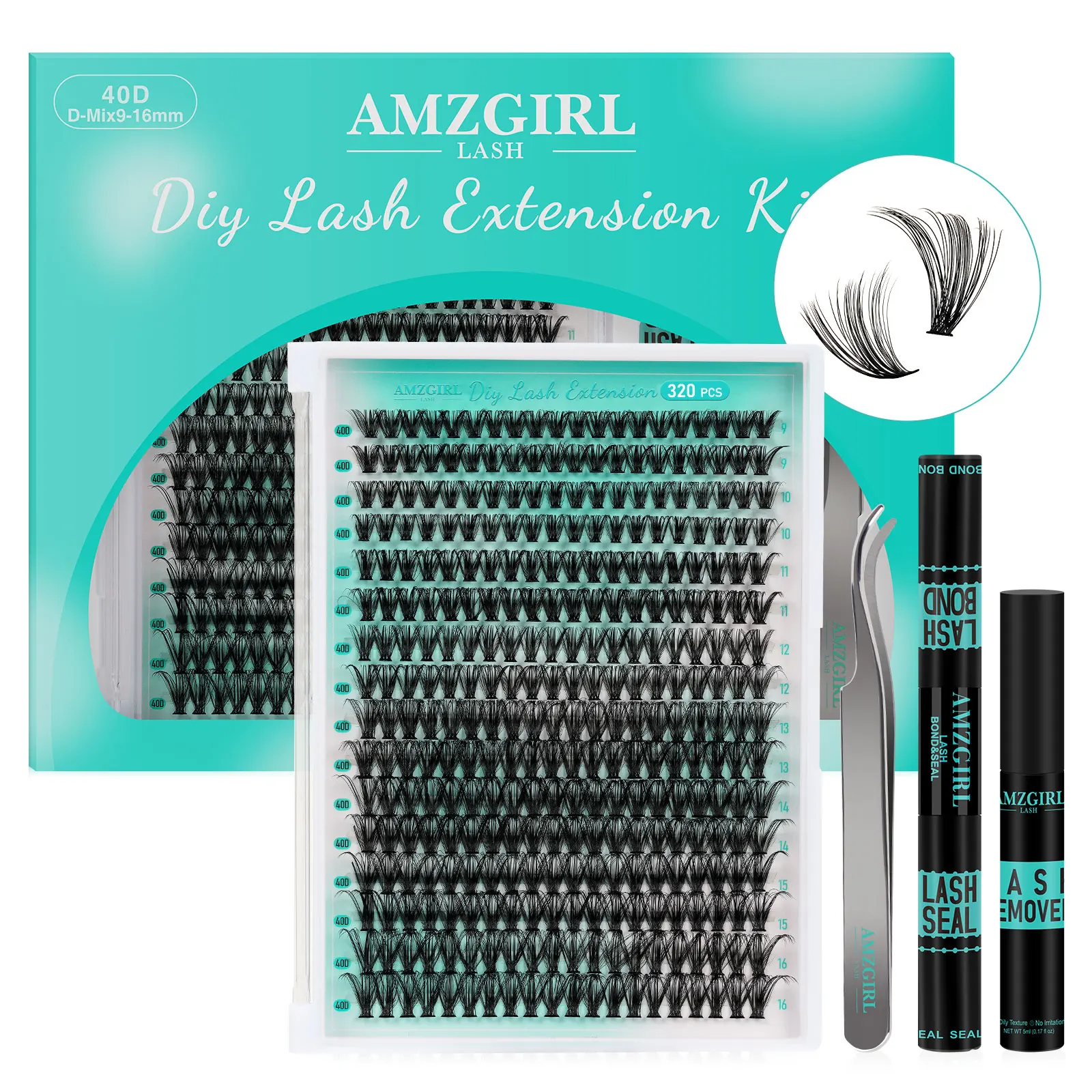 Amzgirl 320pcs 40D Lash Clusters DIY Lash Extension Kit Natural Eyelashes with Lash Glue Bond and Seal Lashes Remover Tweezer