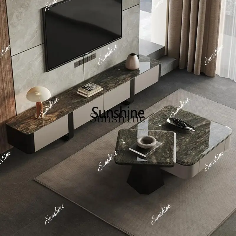 Luxury stone coffee table combination Italian light luxury high-end natural marble TV cabinet with drawerX