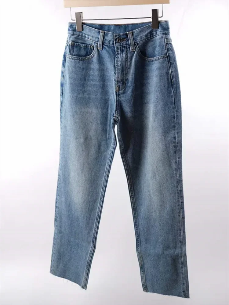 Women Straight Jeans Zipper High Waist Simple All-Match 2024 Spring Summer Tassels Trim Denim Ankle-Length Pant