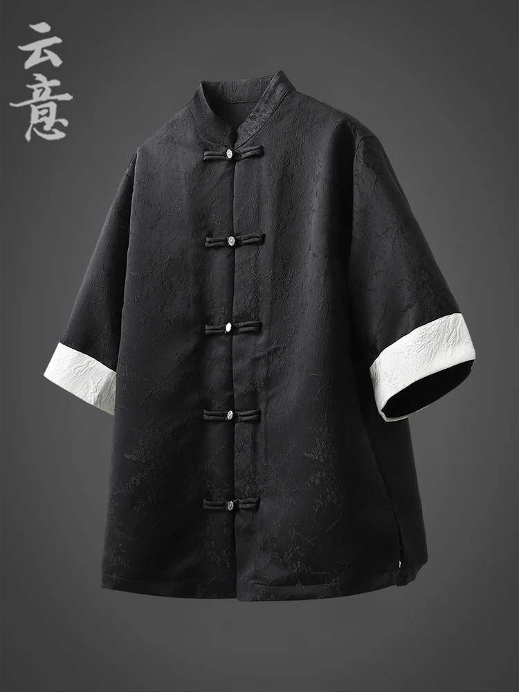 

Summer Men's ort Sve irt Chinese Sle Stand Collar Zhongan Suit Traditional Chinese Clothing Loose Fit Youth Faion