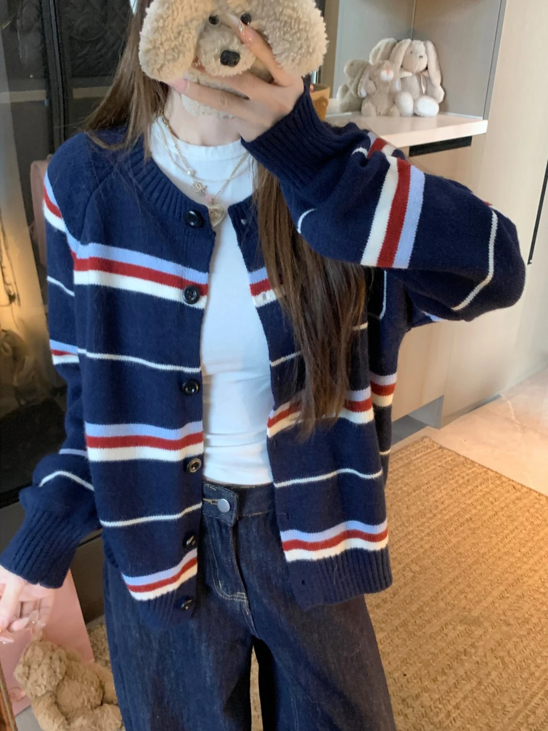 American Retro Striped Knitted Open Cardigan Women's Loose Fit Autumn Winter New Sle Lazy Faion Slimming Sweater Jaet