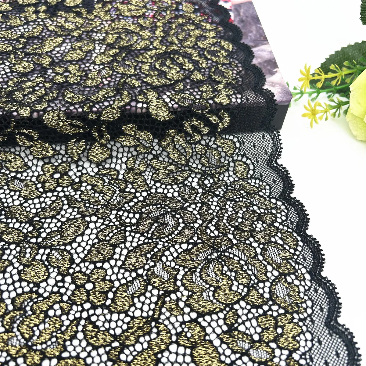 3y/lot Width 22cm Black Golden Shimmer Elastic Lace trim Skirt Hem Underwear Sewing Craft DIY Apparel Fabrics Lace Lingerie