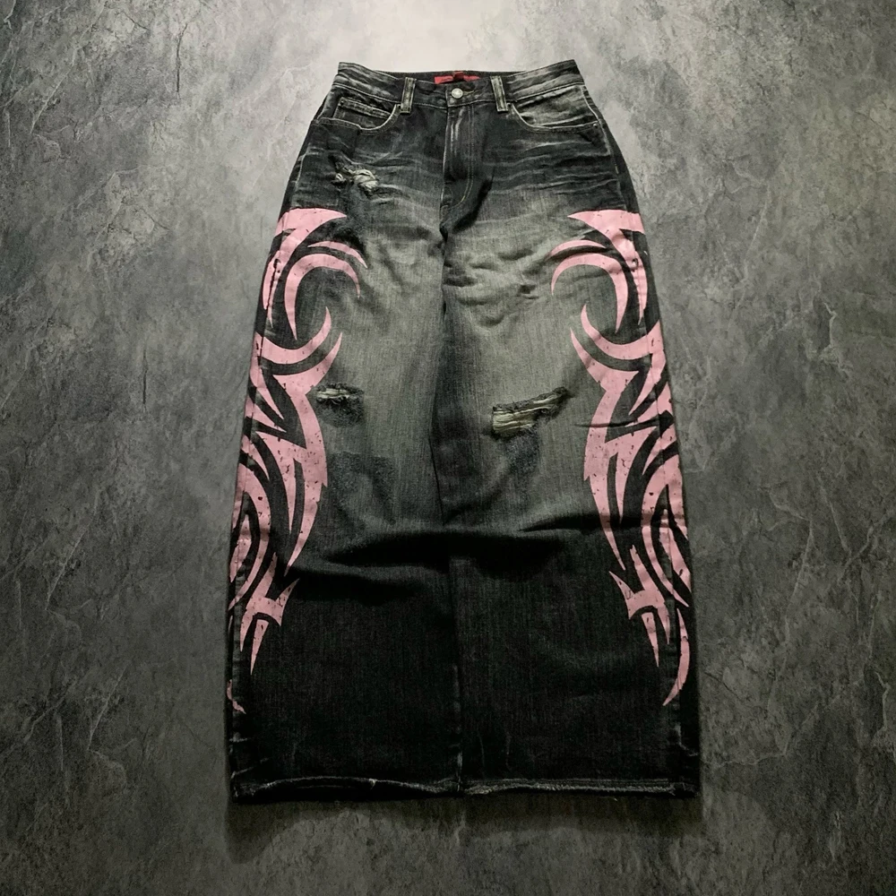 

Men's Mottled Totem Print Jeans American Style Old Washed Wide Leg Retro Loose Fashion Trend Wide Leg Jeans Goth Pant Y2K Unisex