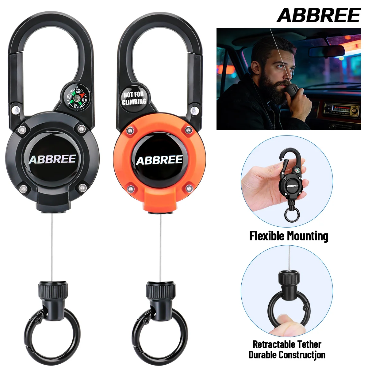 ABBREE Auto CB Radio Versenkbare Heavy Duty Pull Reel Karabiner Starke Stahl Draht Seil Schnalle Mikrofon Aufhänger für Baofeng Radio