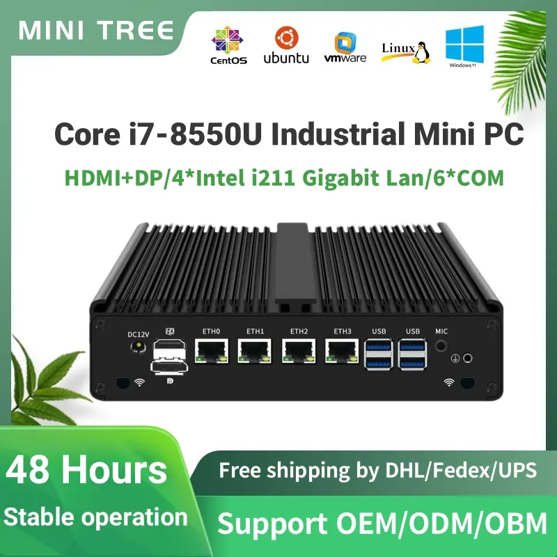 Intel Core i7-8550U i3-7100U Fanless Embedded Industrial PC 6*RS232 COM 4G SIM 4Lan Mini Firewall Router Quad core Ubuntu 8G RAM