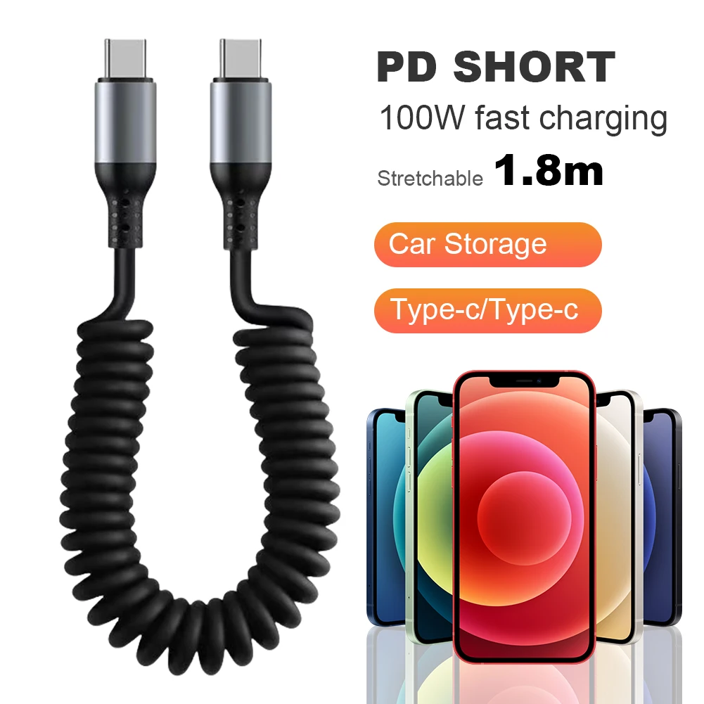 6A 100W USB Type C Spring Telescopic Fast Charging Cable Coiled Retractable Charger Wire for iPhone 15 Xiaomi Huawei