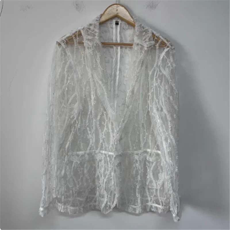 بدلة طبقات صيفية بسيطة ومتعددة الاستخدامات للرجال واقية من الشمس مصنوعة من شبكة شفافة بيضاء 2025 وغزل أوميغا #5