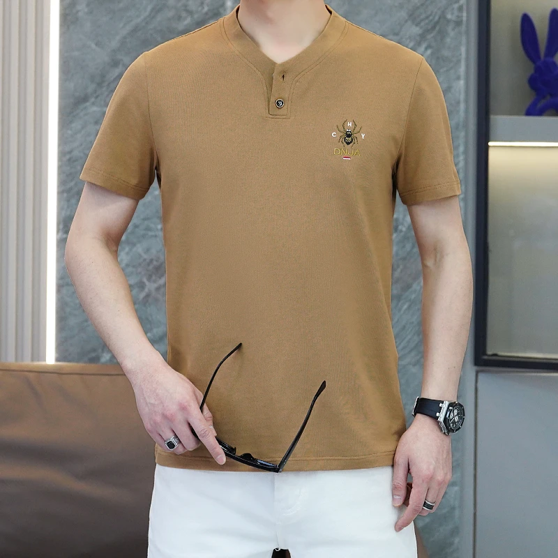 Summer Cotton Embroidered Men's T-shirt Fashion V-neck Casual Social T-shirt Moisture-wicking and Breathable Business Tee M-4XL