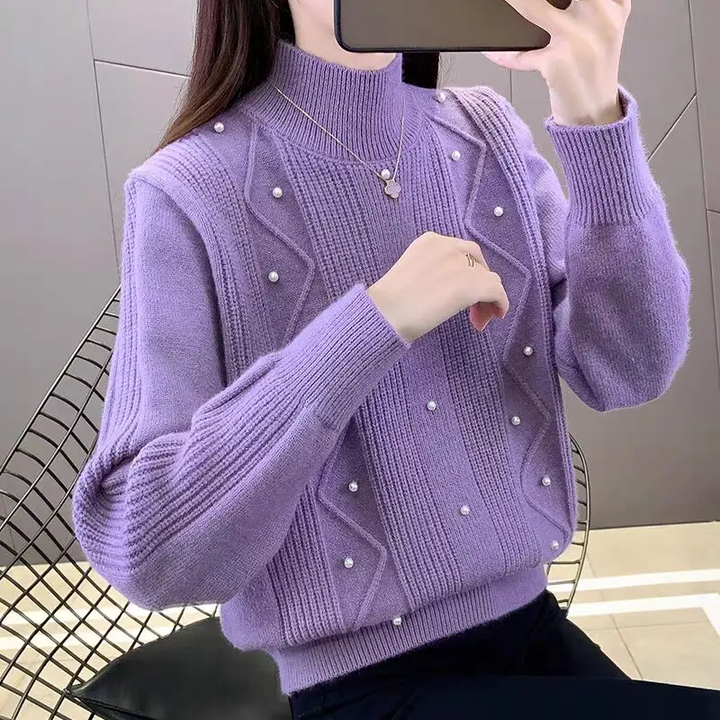 Autumn Winter New Bead Sweaters Vintage Loose Thick Knitted Pullovers Office Lady Solid Chic Tops