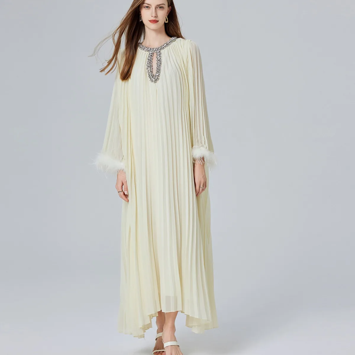 

Handmade Beadwork Embellied Ostrich Feather Long Dr Ele Ladylike Sle Pleated Skirt Knot mid Waist Design