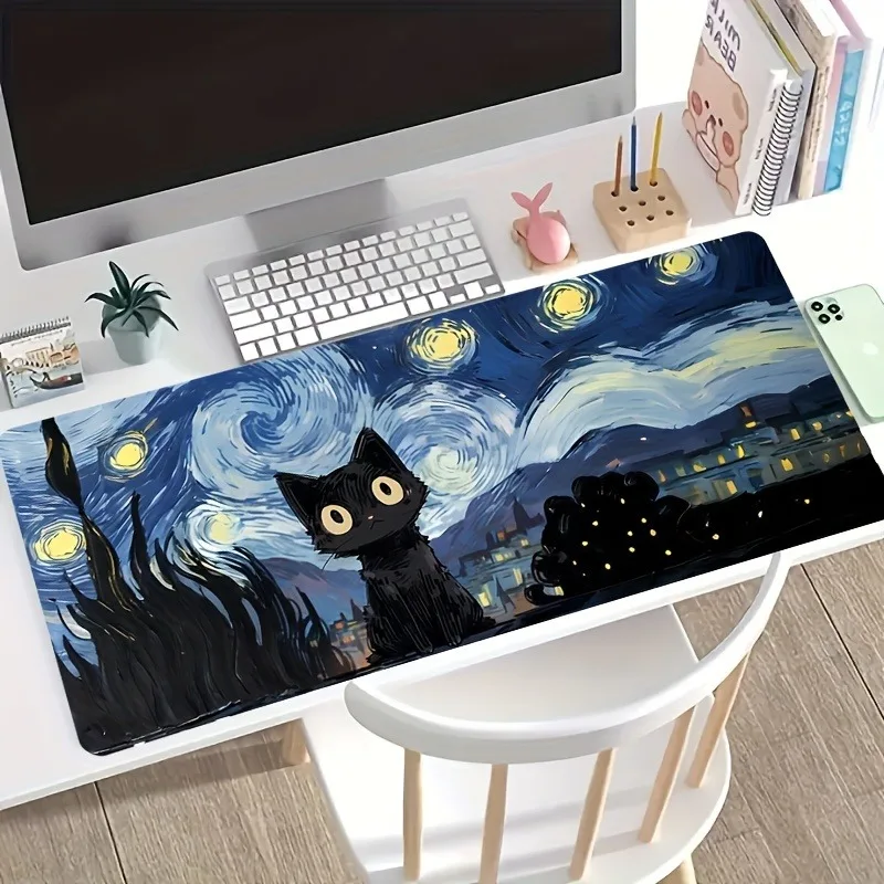 Starry Night mouse pad with cute black cat, study and office use, office accessories, rectangular workstation pad - durable, wat