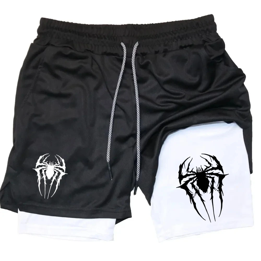 Spider Print 2 in 1 Performance Shorts for Men Gym Workout Running Shorts with Phone Pocket Towel Loop Sport Athletic Shorts