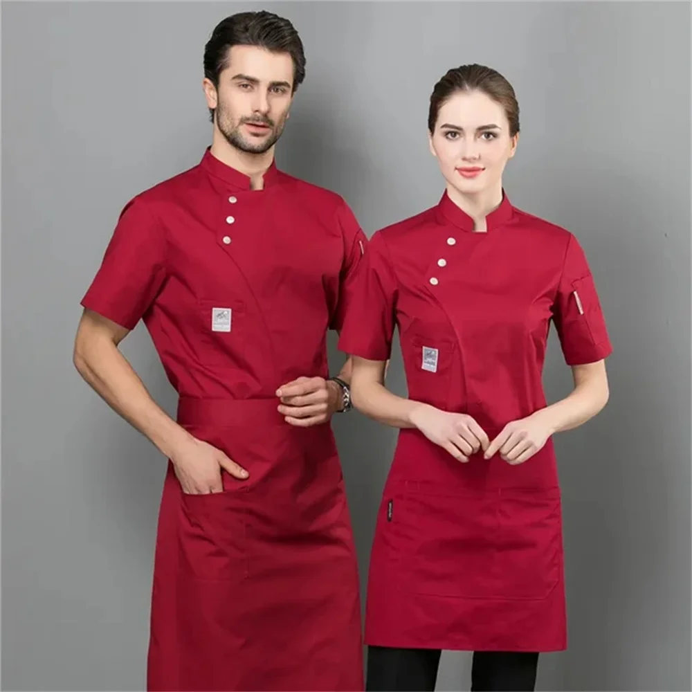 

Summer Women and Men Kitchen Restaurant Cook Workwear Red Chef Uniform White Shirt Chef Jacket