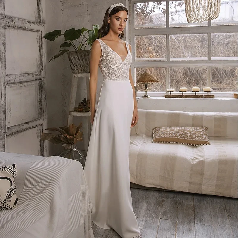 

Backless Sexy Wedding Dresses V-Neck Sleeveless Bridal Gown For Formal Party 2024 Embroidered Organza and Tull Vestidos De Novia