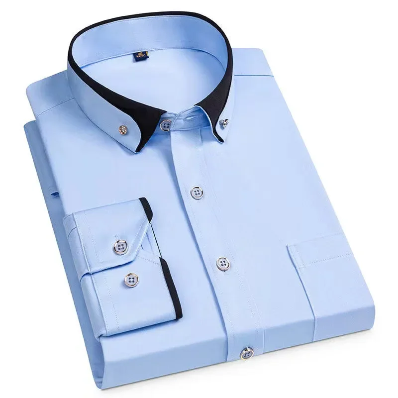 

New Men's Long-sleeved Shirts Iron-free Elastic Crystal Button Collar Polyester Top Smart Dress Fashion Business Casual Shirts