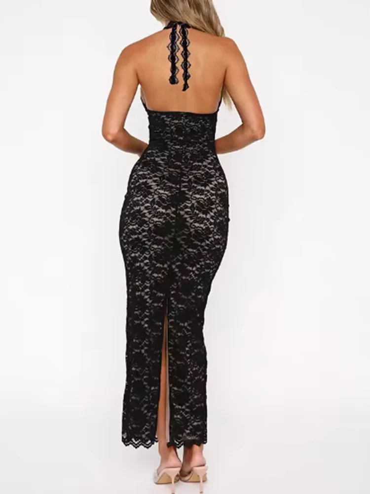 Seksowna sukienka z głębokim dekoltem w serek, koronkowymi wycięciami, wiązana na szyi, modna sukienka bez pleców, bez rękawów, obcisła sukienka na lato, jednolita, dopasowana sukienka bankietowa.