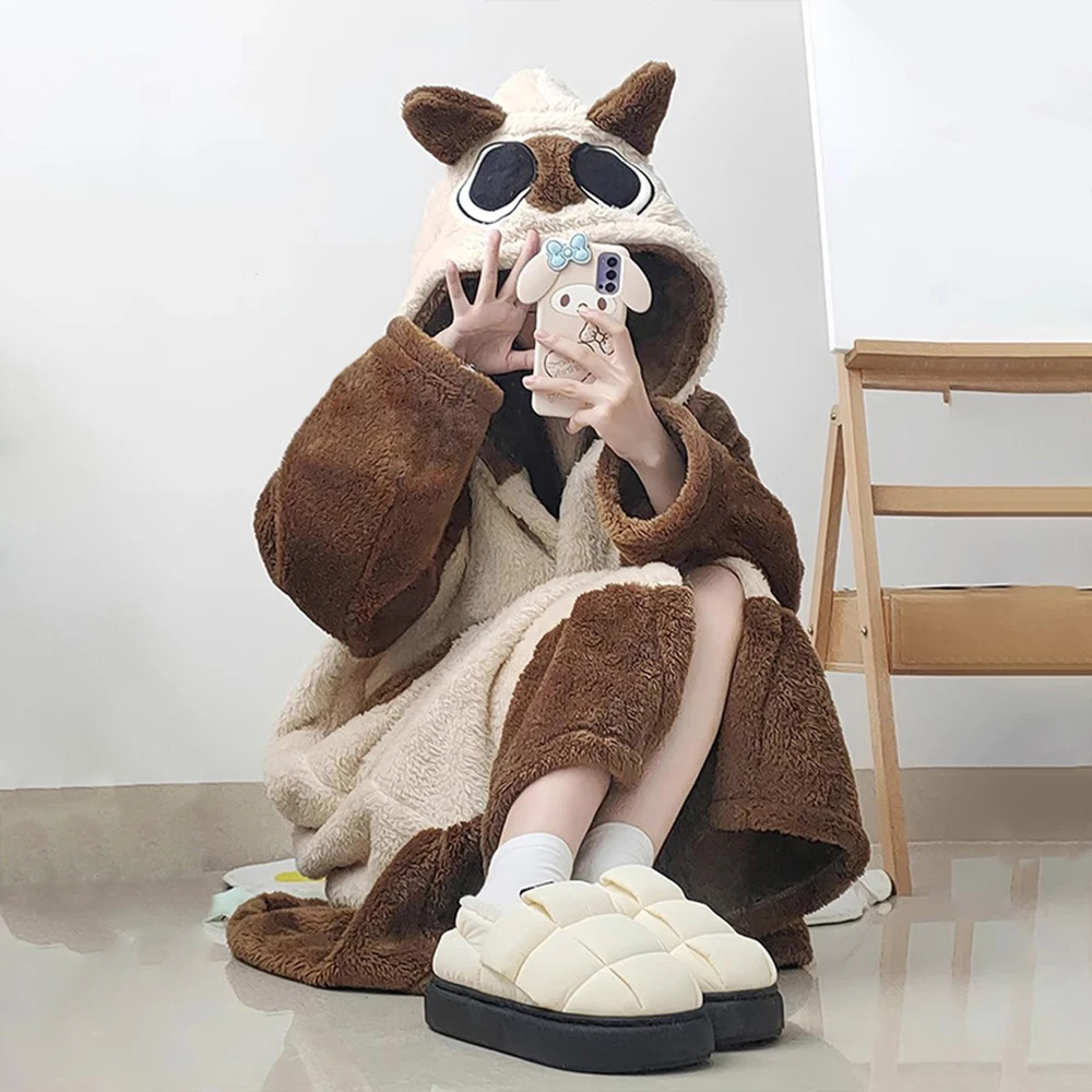Women's Cartoon Pyjamas Set Nightdress Winter Cute Coral Fleece Sleeping Robe Thicken Warm Nightgown Homewear Set Sleepshirt
