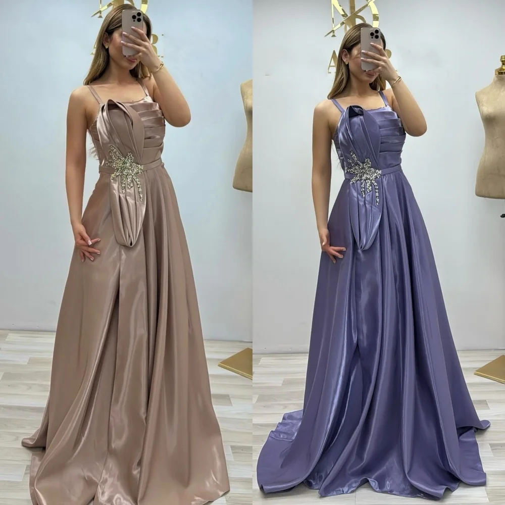 

Customized Exquisite Intricate Charmeuse Ruched Rhinestone Sequined A-line Spaghetti strap Long Dresses Bespoke Occasion Dresses
