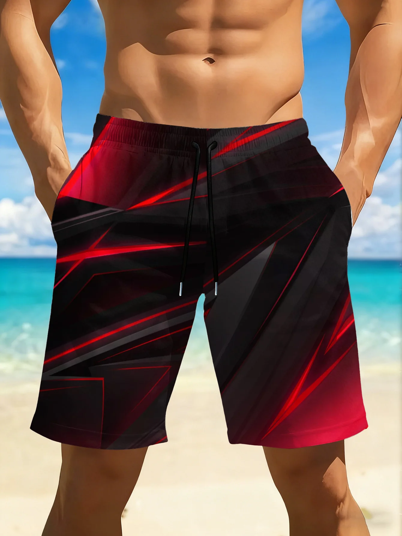 

Mens Red Black Geometric Line Print Quick Dry Board Shorts Elastic Drawstring Swim Trunks Summer Beach Casual Outfit