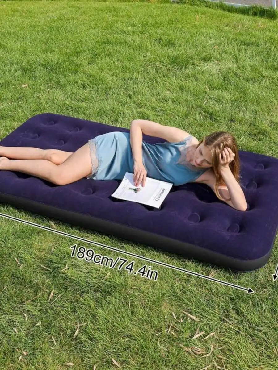 Inflatable Air Bed Flocked Mattress With Massage Dots Portable Guest Bed For Home Camping Travel 1 Person Navy Blue